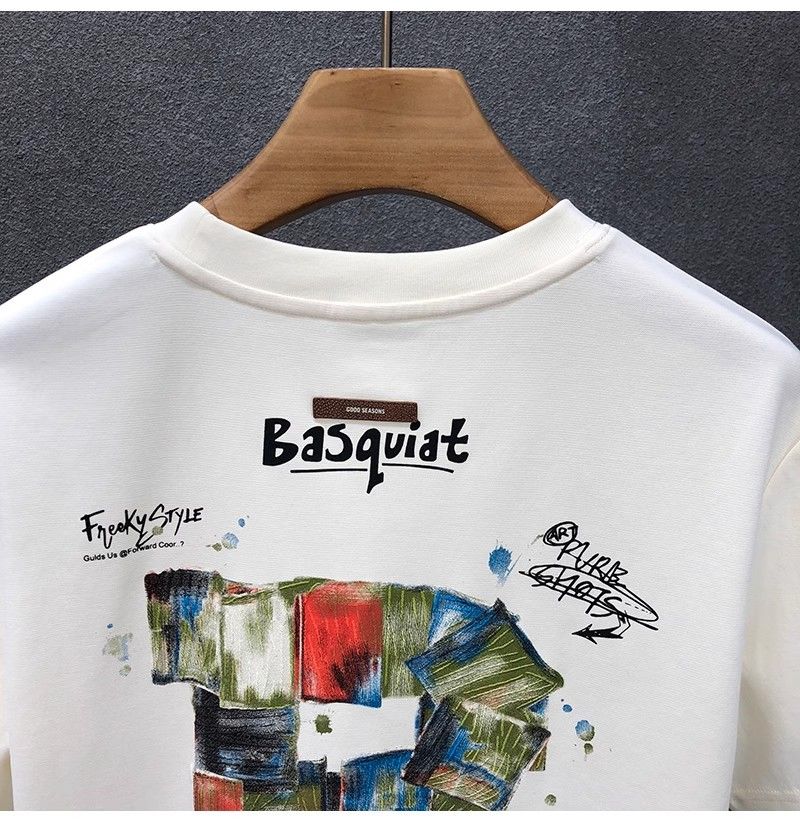 "Basquiat Block Art" Oversized T-Shirt for Men – Embroidered Front Logo & DTF Back Print