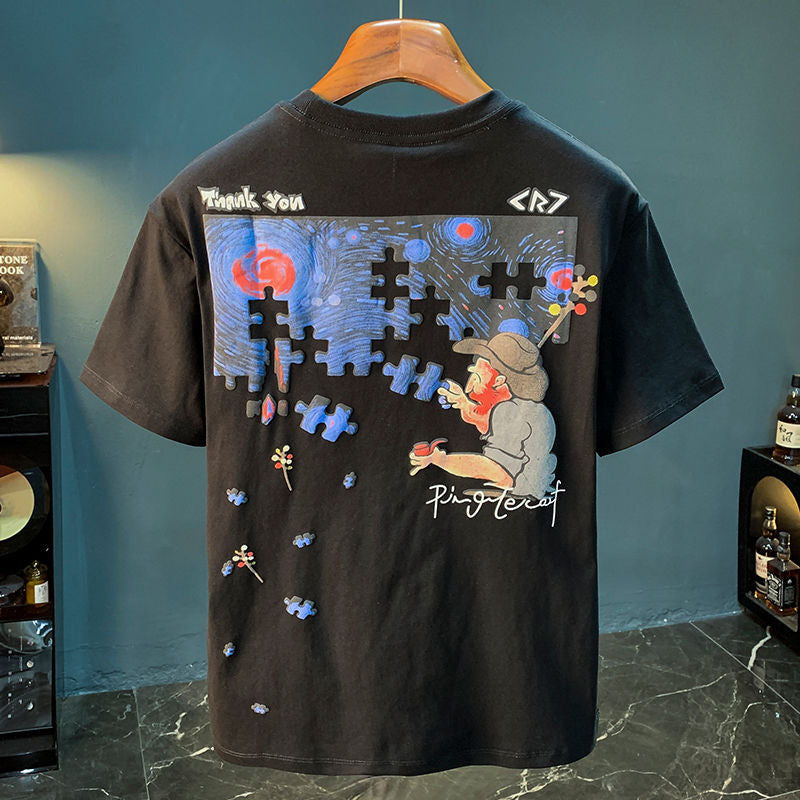 "Puzzle Painter" Oversized T-Shirt for Men – Embroidered Front Logo & DTF Back Print