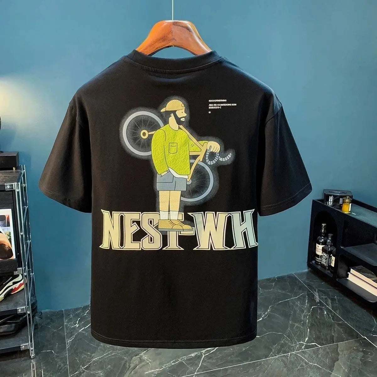 Street Style Oversized T Shirt with Cyclist Print & Embroidered Logo