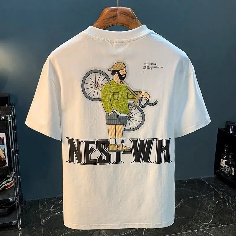 Street Style Oversized T Shirt with Cyclist Print & Embroidered Logo