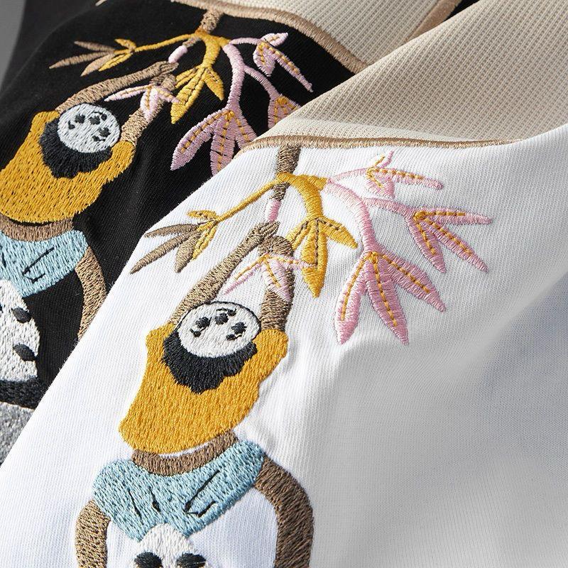 Cute Panda Embroidered T-Shirt With Pocket