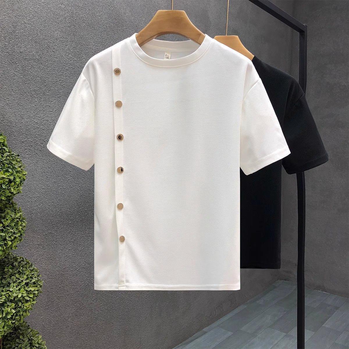 Classic Crew Neck T-Shirt with Wooden Side Buttons Detailing