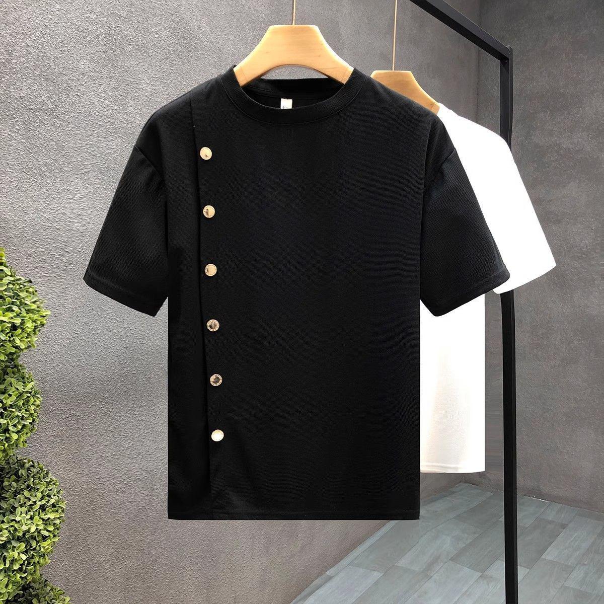 Classic Crew Neck T-Shirt with Wooden Side Buttons Detailing