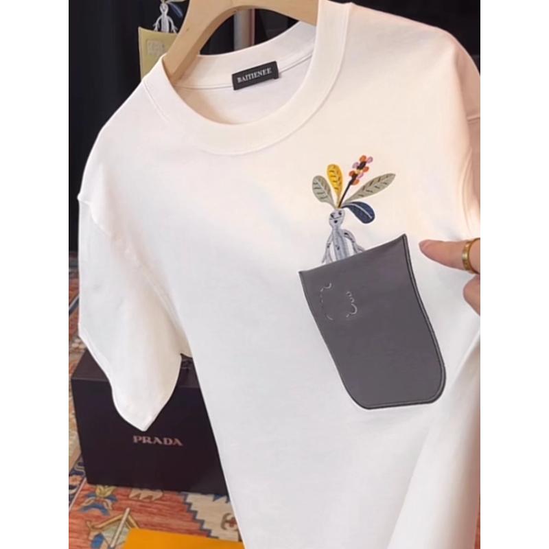 Trendy Embroidered Men’s Oversized T-Shirt– Round Neck, Pocket Design